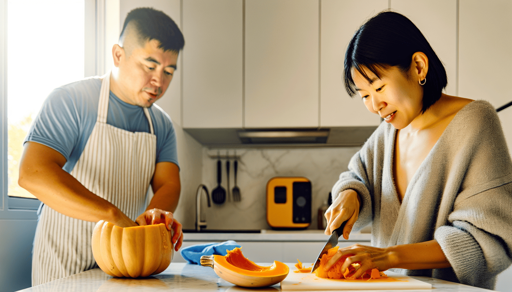 A person preparing butternut squash for cooking