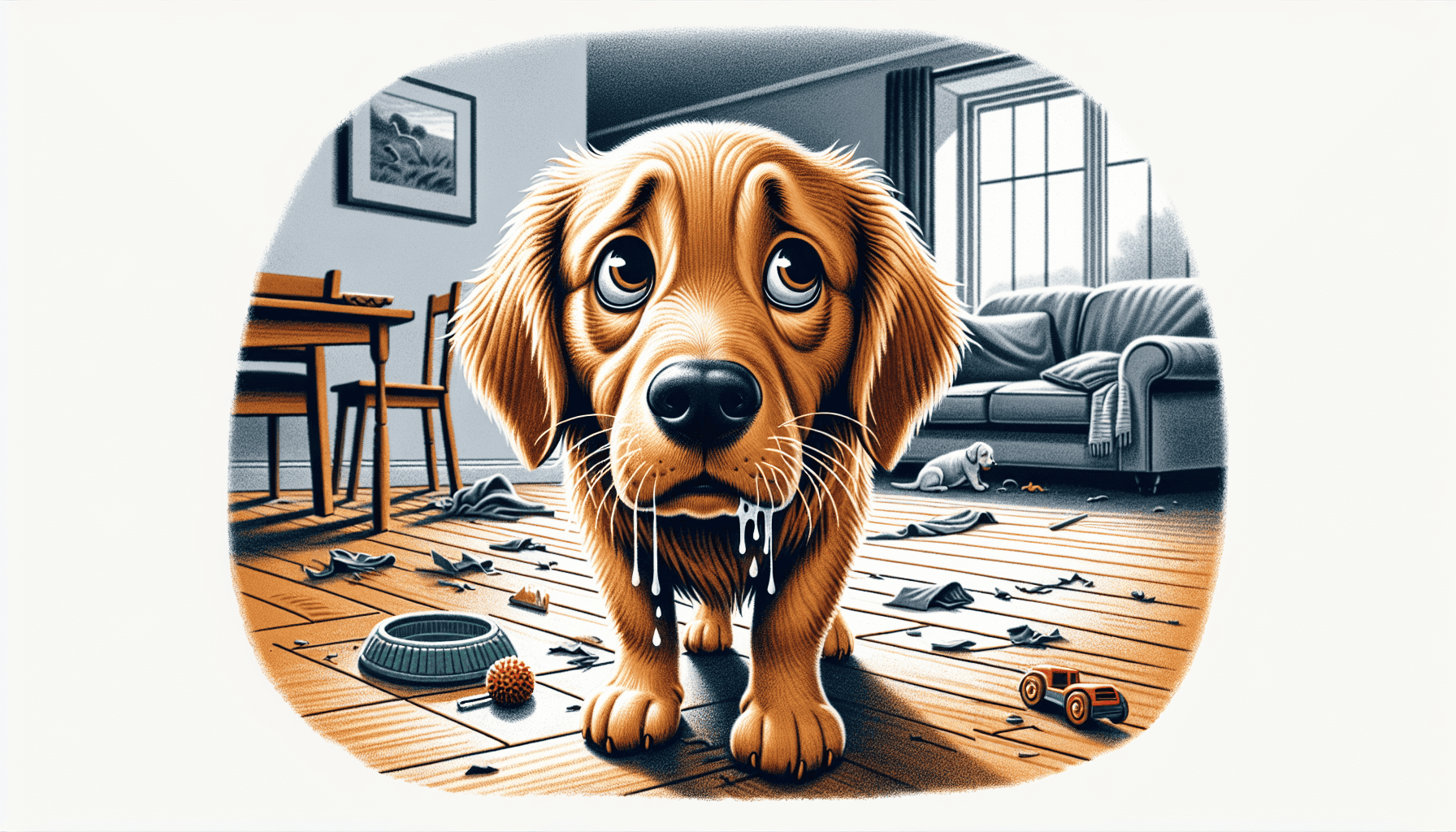 Illustration of a distressed dog showing signs of separation anxiety