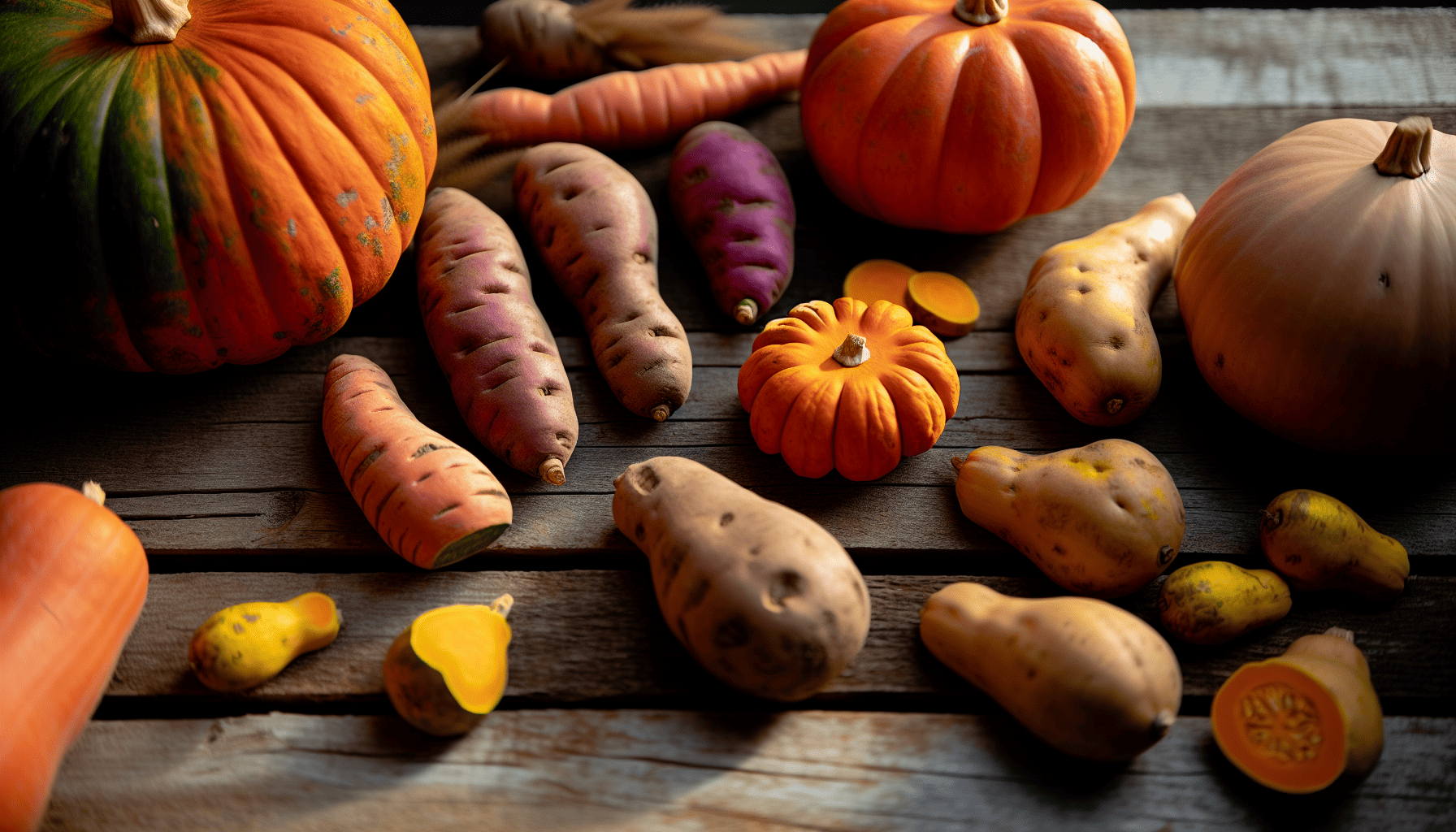 A variety of dog-friendly vegetables including pumpkin and sweet potatoes