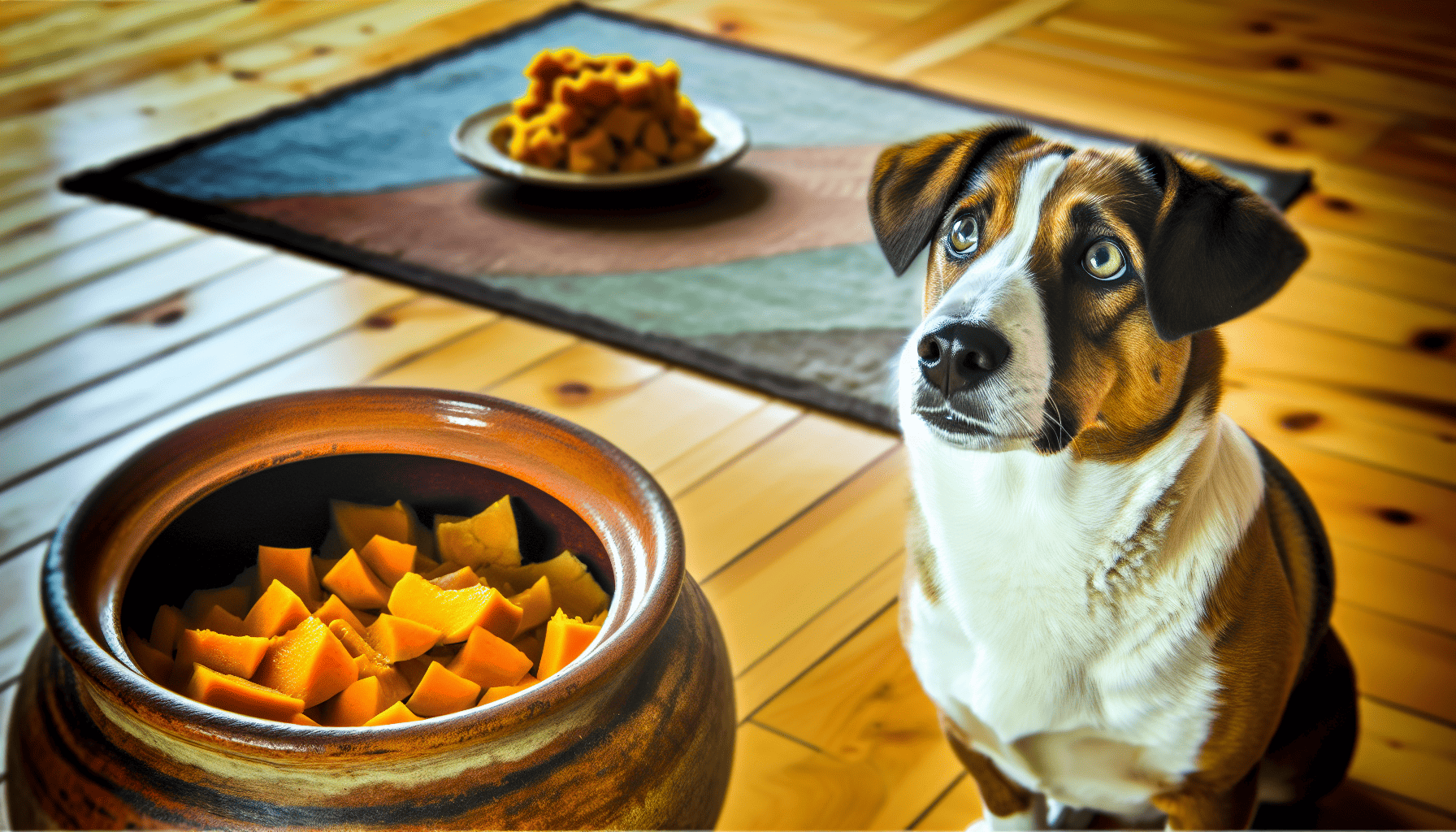A dog looking at a bowl of cooked butternut squash