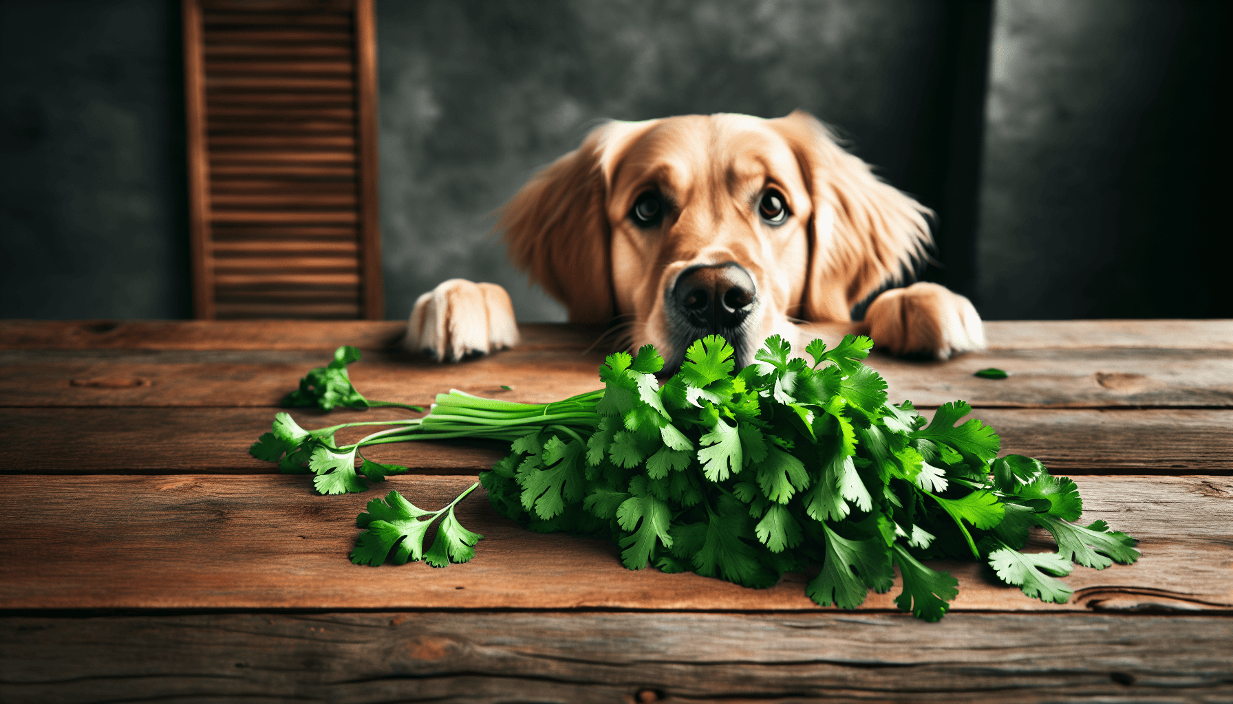 Fresh cilantro leaves and a curious dog