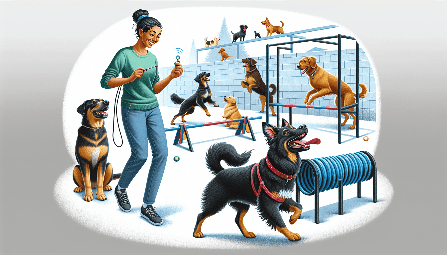 Illustration of a dog participating in socialization and training activities