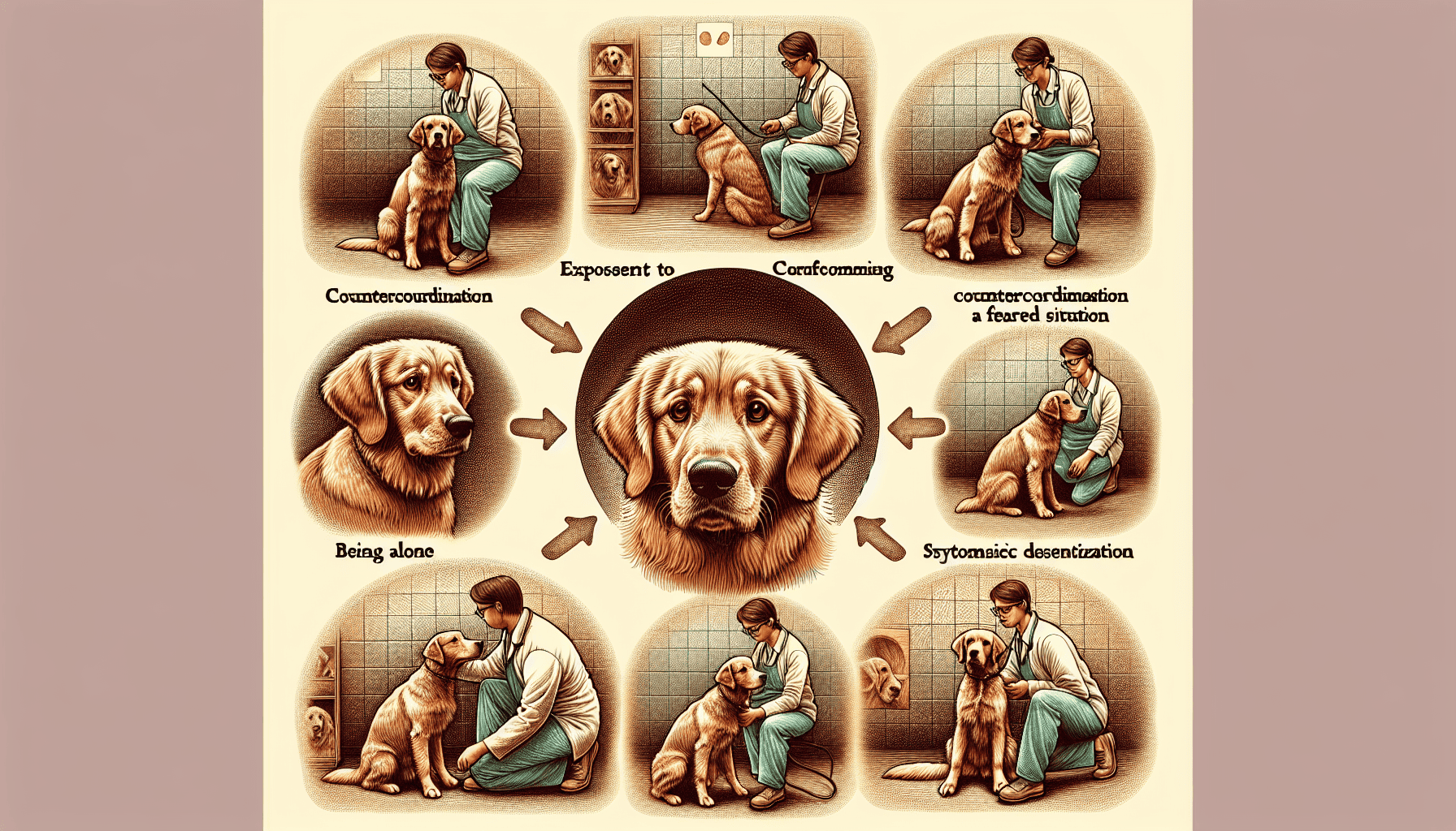 Illustration of a dog undergoing behavior modification techniques for separation anxiety