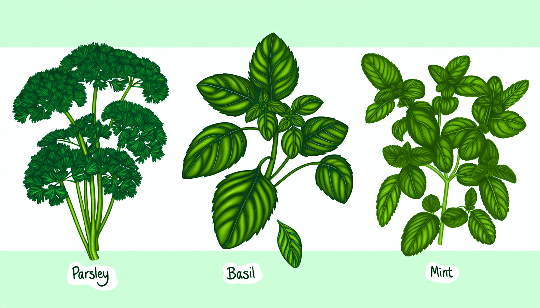 Parsley, basil, and mint leaves