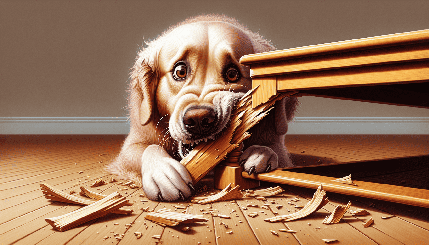 Illustration of a dog exhibiting destructive chewing as a symptom of separation anxiety