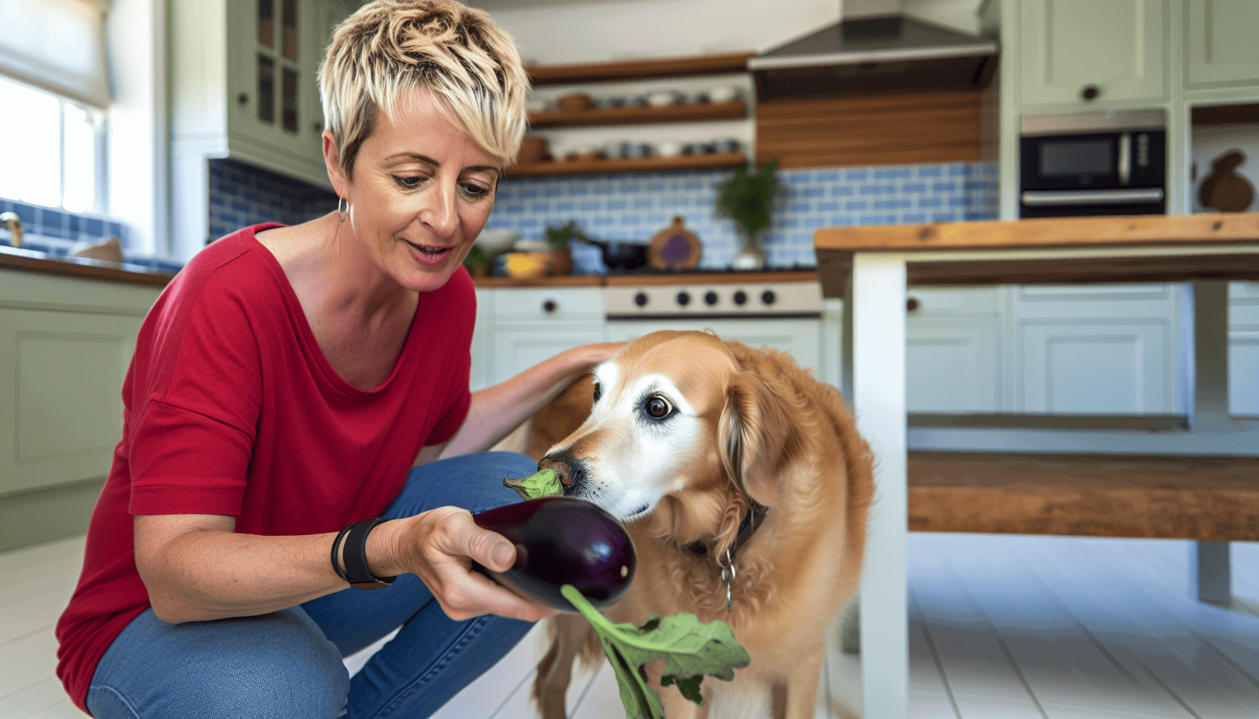 Dog sniffing eggplant